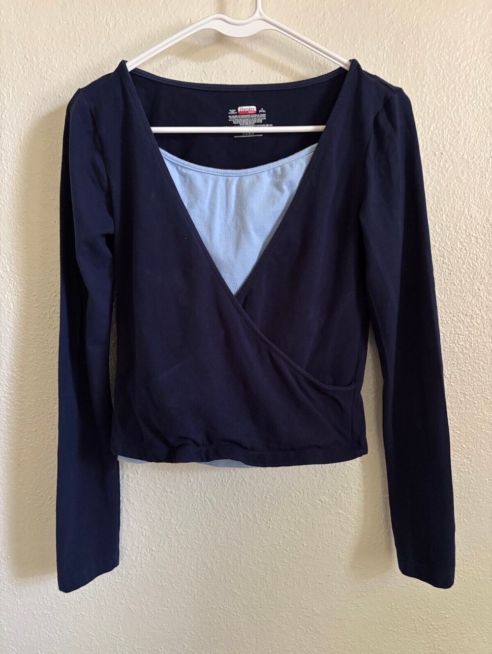 Danskin Now Layered Wrap Top Built-In Bra Navy Blue Size Small Y2K